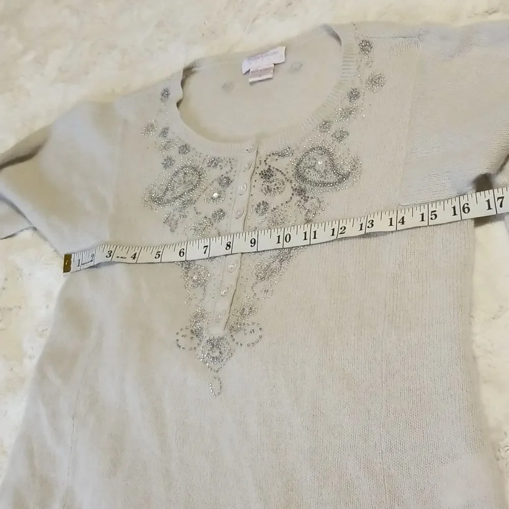 Cashmere Couture Knit Sweater Womens Small Gray Embroidered Embellished Paisley
